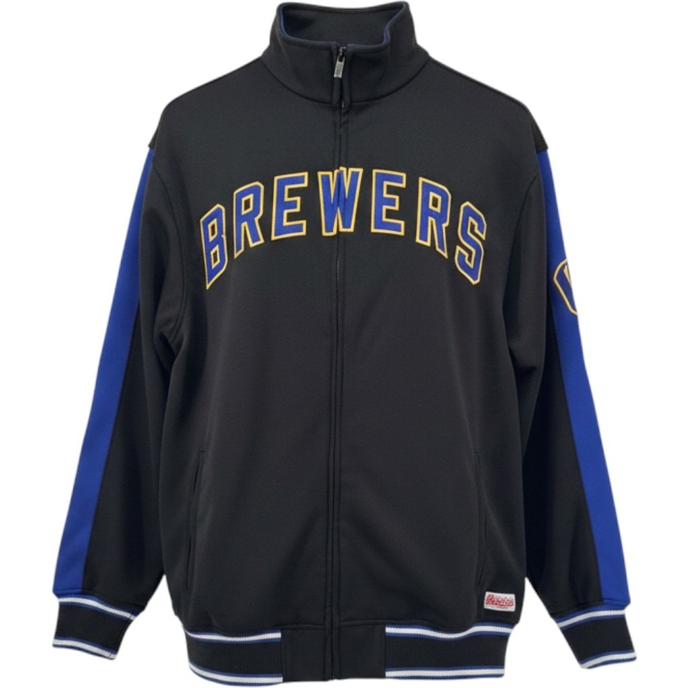 Stitches Milwaukee Brewers MLB Track Jacket Black Blue Mens Medium Full Zip Logo